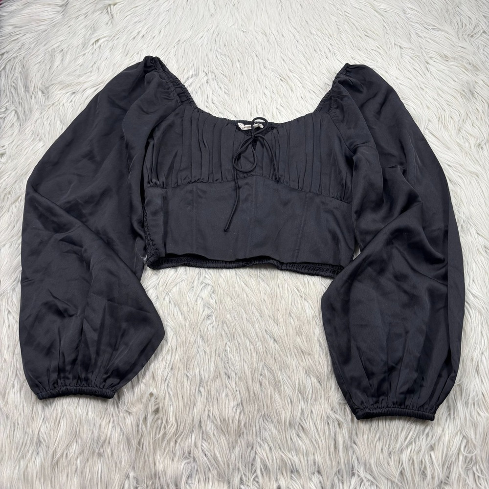 Altar'd State Women's L Satin Empire Balloon Sleeve Crop Top Milkmaid Goth Vamp